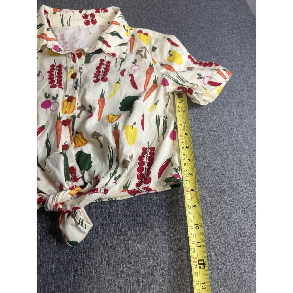 Collectif London Sammy Vegetable Medley Tie Blouse M Cream Crop Casual Cottage - Picture 4 of 8